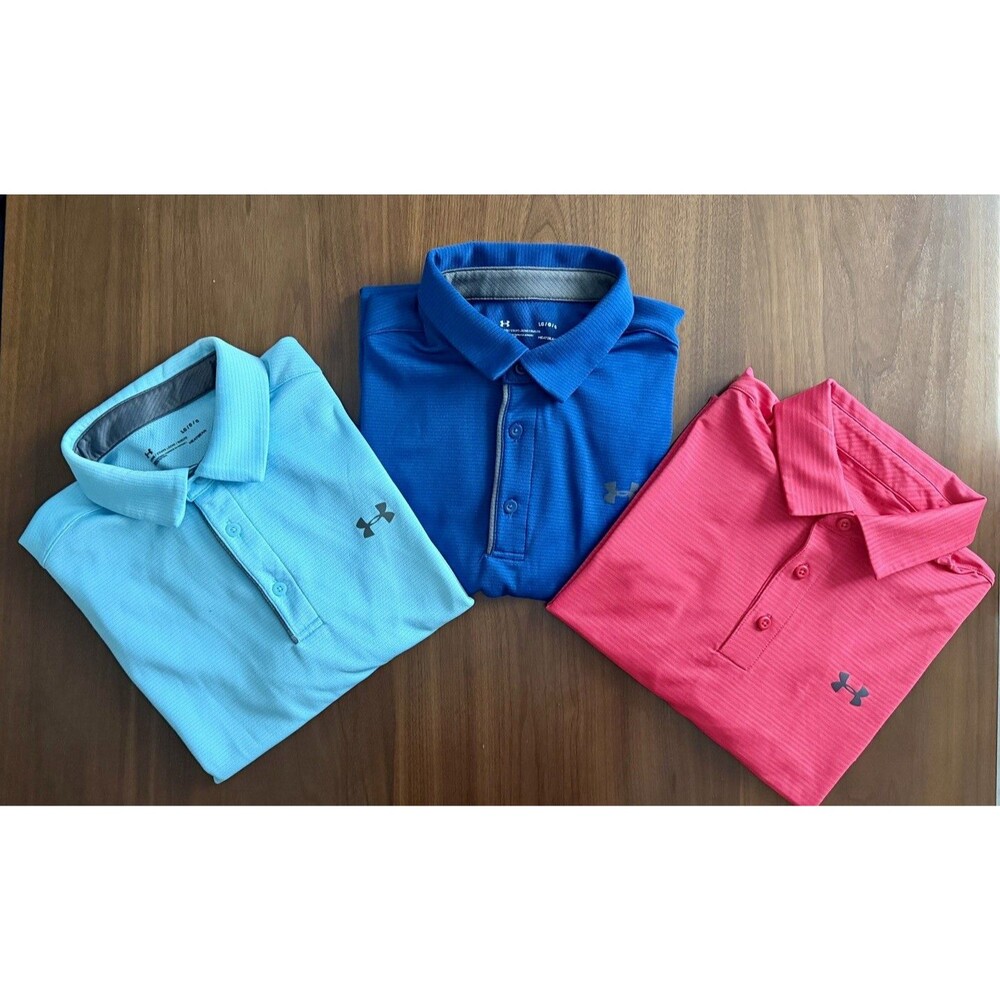Under Armour HeatGear Men’s Polo Shirt Lot of 3 Blue/Pink Short Sleeve L